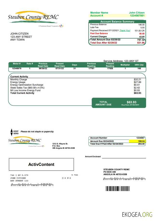 USA Steuben Country REMC utility bill template in Word and PDF format